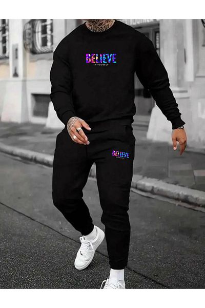 zunop Ανδρικό σετ αθλητικής φόρμας μαύρου Believe με στάμπα με λαιμόκοψη