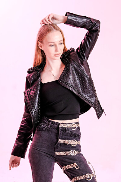 DIVALORE Biker Strass Taşlı Hakiki Deri Ceket