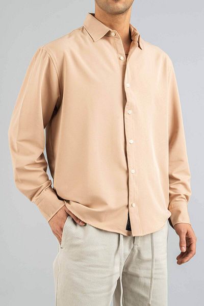 bombe Ανδρικό πουκάμισο Μπεζ Slim Fit Εύκολο στο σιδέρωμα Απορροφητικό ιδρώτα Αναπνεύσιμη Υφή Four Seasons Oversize Classic πουκάμισο