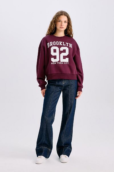 DeFacto Loose Fit Crew Neck Slogan Printed Thick Fabric Sweatshirt E3326Axns
