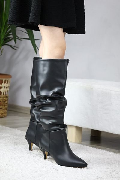 asmi shoes Дамски черни плисирани стилни ежедневни удобни ботуши с висок ток