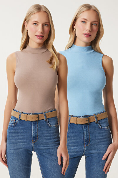 Lovelyİstanbul Πλεκτή αμάνικη μπλούζα με ζιβάγκο 2 συσκευασιών Sky Blue Beige...