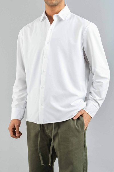 bombe Ανδρικό πουκάμισο Λευκό Slim Fit Εύκολο σιδέρωμα Απορροφητικό ιδρώτα Αναπνεύσιμη Υφή Four Seasons Oversize Classic πουκάμισο