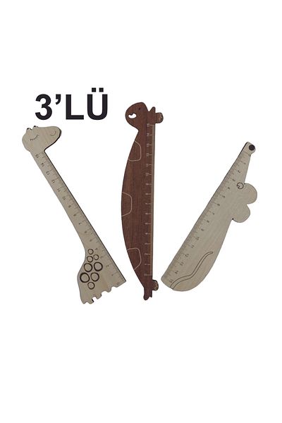 şamaksesuar Set of 3 (3 mm Mdf) Wooden Ruler (15 cm) Mouse - Giraffe - Turtle