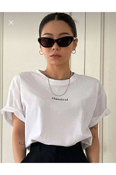 Viyalente White Classical Printed Oversize T-shirt