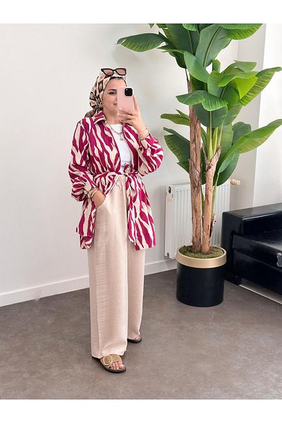 ASEL FASHİON Zebra Pink-Beige Cotton Linen Suit Set