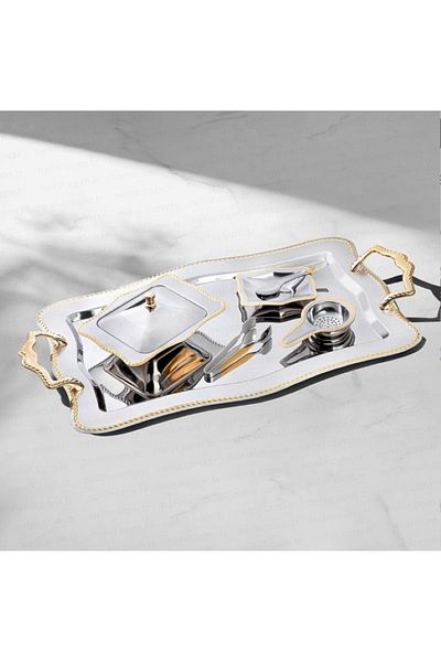 Nehir Tr Chain Gold 28 Piece Plain Tea Set - 1 Stainless Steel 47X30