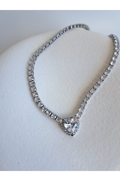 BHR AKSESUAR Silver Color Zircon Stone Heart Detailed Necklace