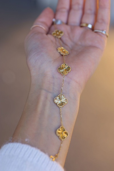 Yenigün Kuyumculuk 14 Ayar Altın Işıltılı Beşli Yonca Bileklik