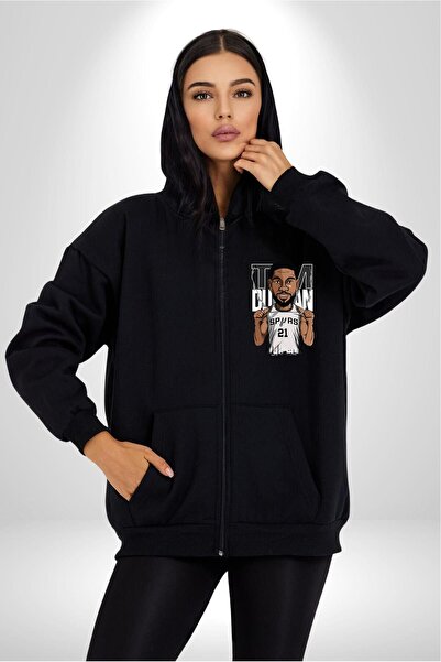 Angemiel Spurs 21 Tim Duncan - Men's and Women's Black Hooded Zippered Printed Cardigan Sweatshirt
