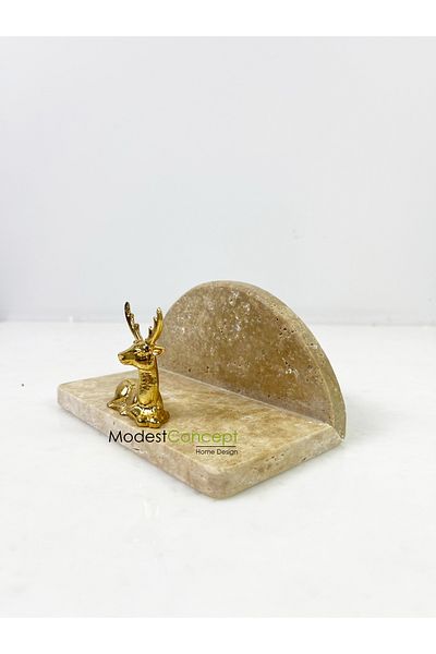 Modestmar Travertine Marble Napkin Holder Gold Sitting Deer Object Semicircle Napkin Holder