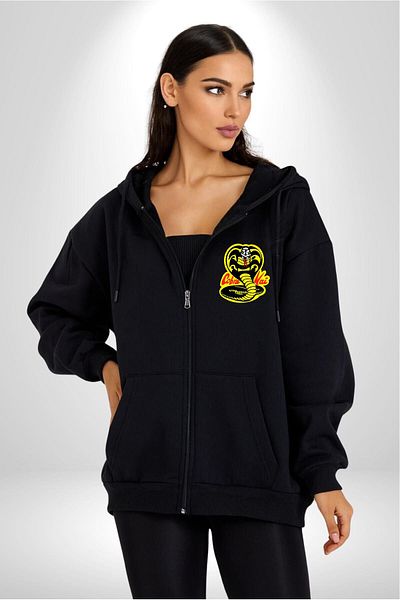 Angemiel Cobra Kai Karete Kids Snake Logo - Men's and Women's Black Hooded Zippered Cardigan Sweatshir