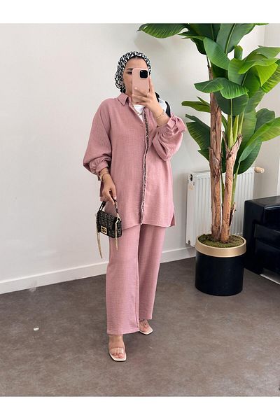 ASEL FASHİON Pink Cotton Linen Set - Beaded and Cuffed