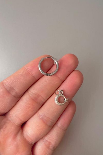 Jaida Moda Unisex Silver Crescent Star Figure Dangle Steel Hoop Earrings