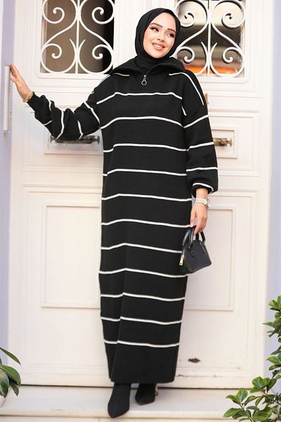 Neva Style Striped Black Hijab Knitwear Dress 65905S