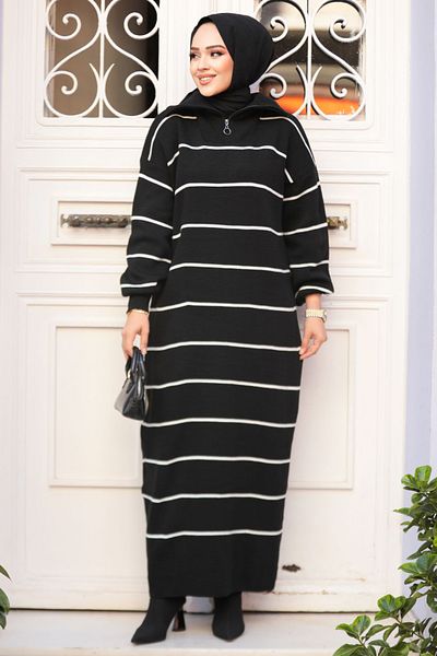 Neva Style Striped Black Hijab Knitwear Dress 65905S