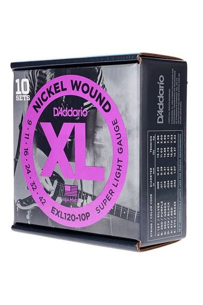 Daddario Exl120-10P (10 Set) Electric Guitar String Set, Xl, 9-42, Nickel Propack XL Super Light Nick