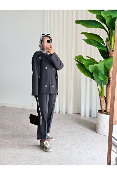 ASEL FASHİON Anthracite Gray Stone Embroidered Modal Set