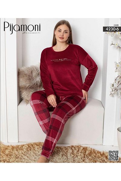Pijamoni Set de pijamale cu mânecă lungă, catifea, mărime mare, pentru femei 4230/6- 1 bucată