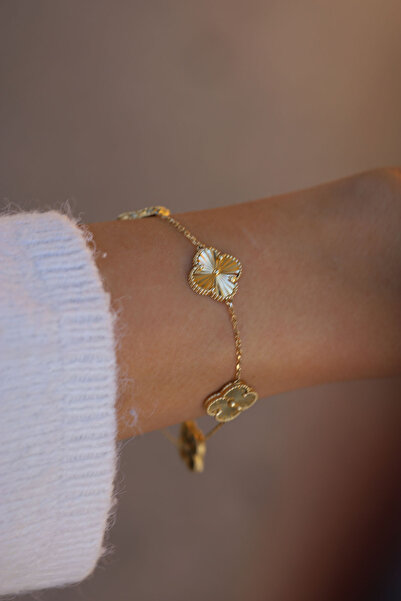 Yenigün Kuyumculuk 14 Ayar Altın Işıltılı Beşli Yonca Bileklik