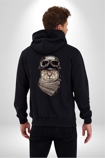 Angemiel Cap Bandana Biker Cat Women Men Black Color Hooded Kangaroo Pocket Zippered Cotton Oversi