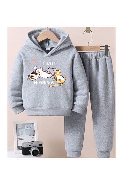 eymore I Have Cat Printed Hooded Children's Tracksuit