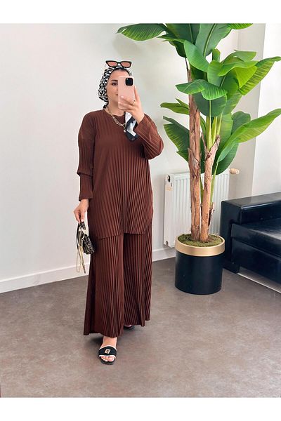 ASEL FASHİON Bitter Brown Pleated Sandy Set of Two