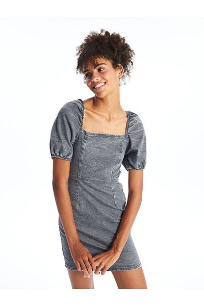 LC Waikiki Lcw Square Collar Straight Short Sleeve Women's Jean Dress Fast Fashion