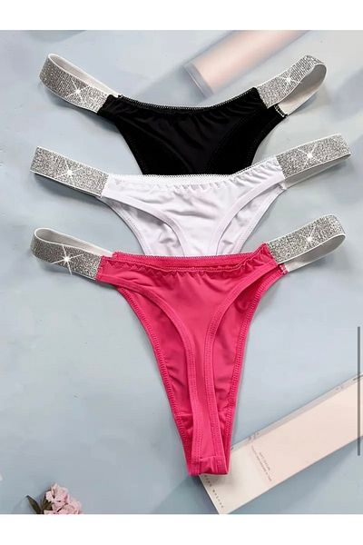 El Major Silvery Thick Strip Detail Thong Panties 3 Pack