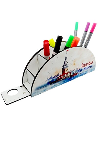 akatshop برج بنت اسطنبول - حامل قلم مكتبي مع مسطرة خشبية، منظم هدايا للأطفال