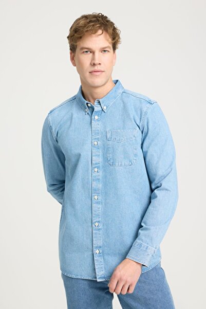 WRANGLER قميص أزرق بقصة عادية 100% قطن