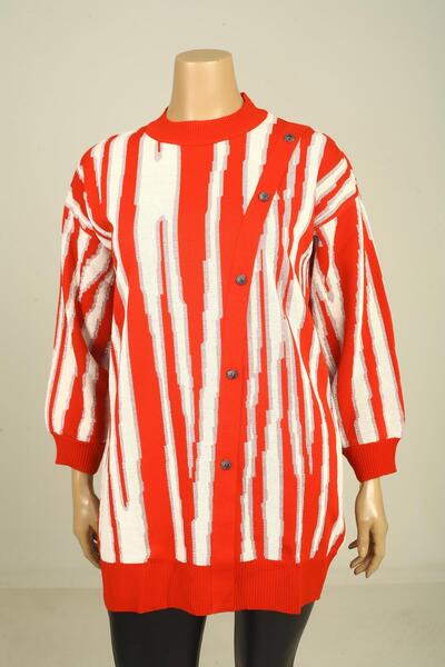 By Saygı Women's Buttoned Front Detailed Glittery Neck Striped Large Size Knitwear Tunic Sweater