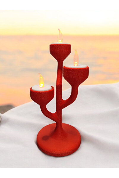 Maflen Alev Efektli Titreyen Led Mumlu Modern Şamdan 3'lü Mumluk Kırmızı