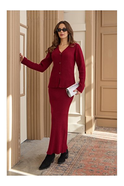 Elif Özbey Butik Claret Red Corded Cardigan Skirt Set