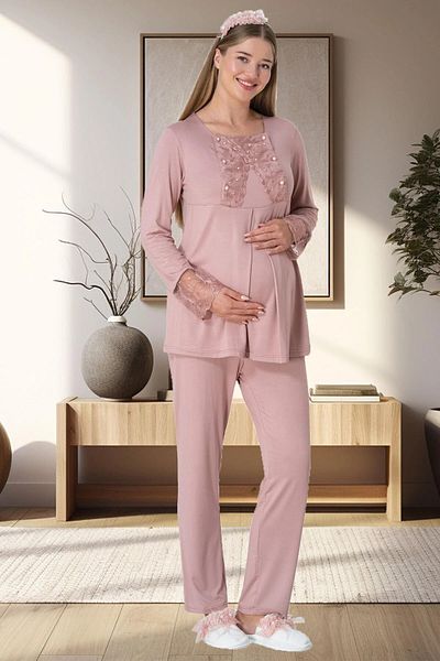 EM&FA TEKSTİL 5911 Ecru Plush Maternity Pajamas Set with Dressing Gown