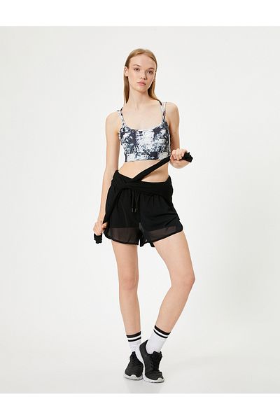 Koton U-Neck Abstract Patterned Slim Fit Sports Bra - Cross Strap, Covered Interlock