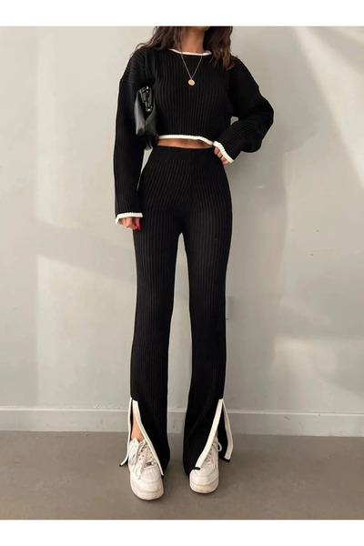 LocaMz Black Oversize Slit Detailed Crew Neck Knitwear Bottom-Top Set
