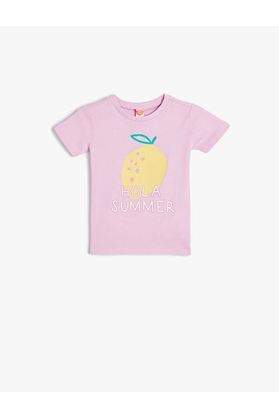 Koton Lemon Printed Cotton Short Sleeve T-Shirt - Crew Neck