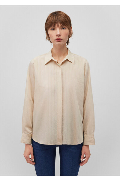 Mavi Çizgili Bej Gömlek Loose Fit / Bol Rahat Kesim 1210945-86687