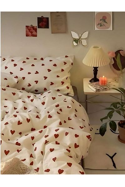 SENNORA Bedding Set - with Elastic Sheets - Red Heart Pattern - Single