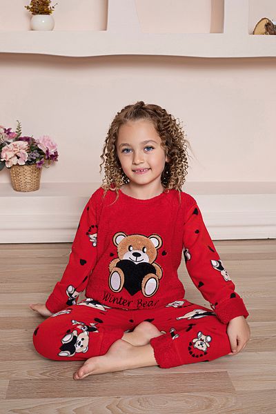 KAPİKİDS DOOR KİDS Long Sleeve Teddy Bear Red Color Girl's Fleece Pajama Set