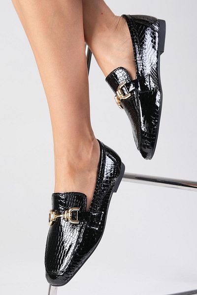 Mio Gusto Jordane Black Genuine Leather - Animal Patterned Blunt Toe Women's Loafer