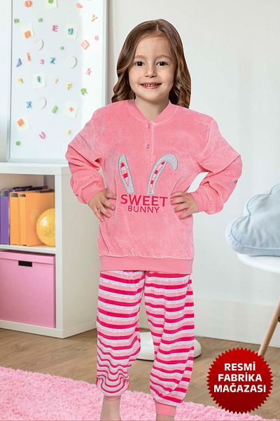 Aydoğan Girl's Velvet Long Sleeve Winter Pink Pajama Set - 1667