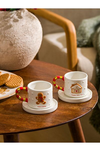 LC Waikiki Mixed Printed Christmas Themed Ceramic Coffee Cup Set for 2 People 100ml