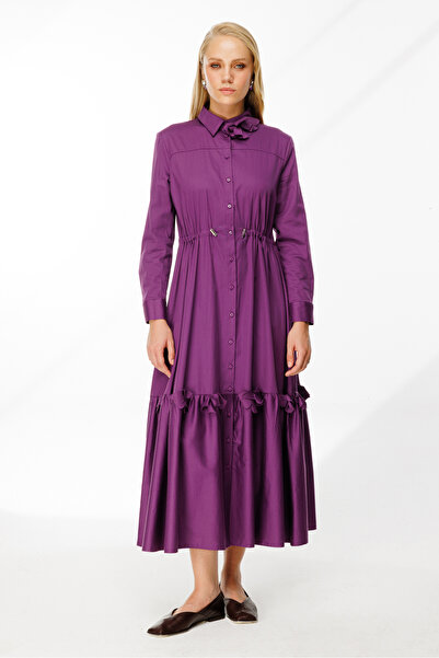 Nefeli Lazer Çiçekli Gömlek Elbise MOR