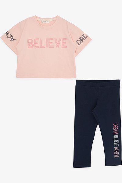 Breeze Girl's Capri Tights Crop Set, Text Printed, 8-12 Years, Salmon