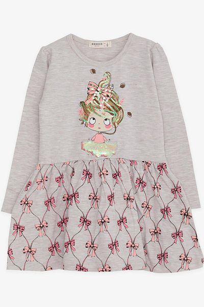 Breeze Girl's Long Sleeve Dress Sequined Girl Printed 3-7 Years, Beige Melange