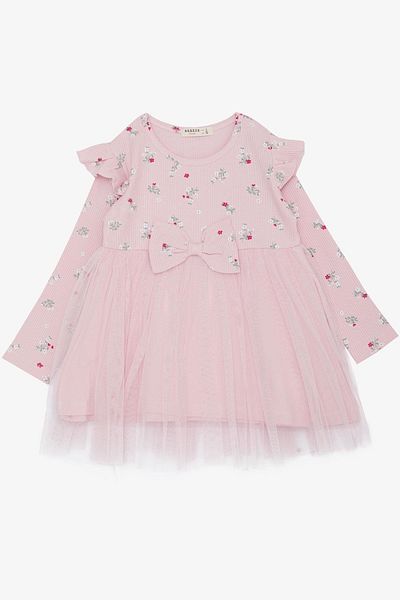 Breeze Girl's Long Sleeve Dress Floral Print Frilly Bow Age 3-7 Pink