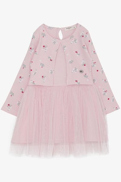 Breeze Girl's Long Sleeve Evening Dress with Tulle and Flower Pattern Age 3-8, Pink