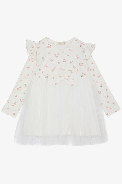 Breeze Girl's Long Sleeve Dress Floral Print Frilly Bow Age 3-7 Ecru